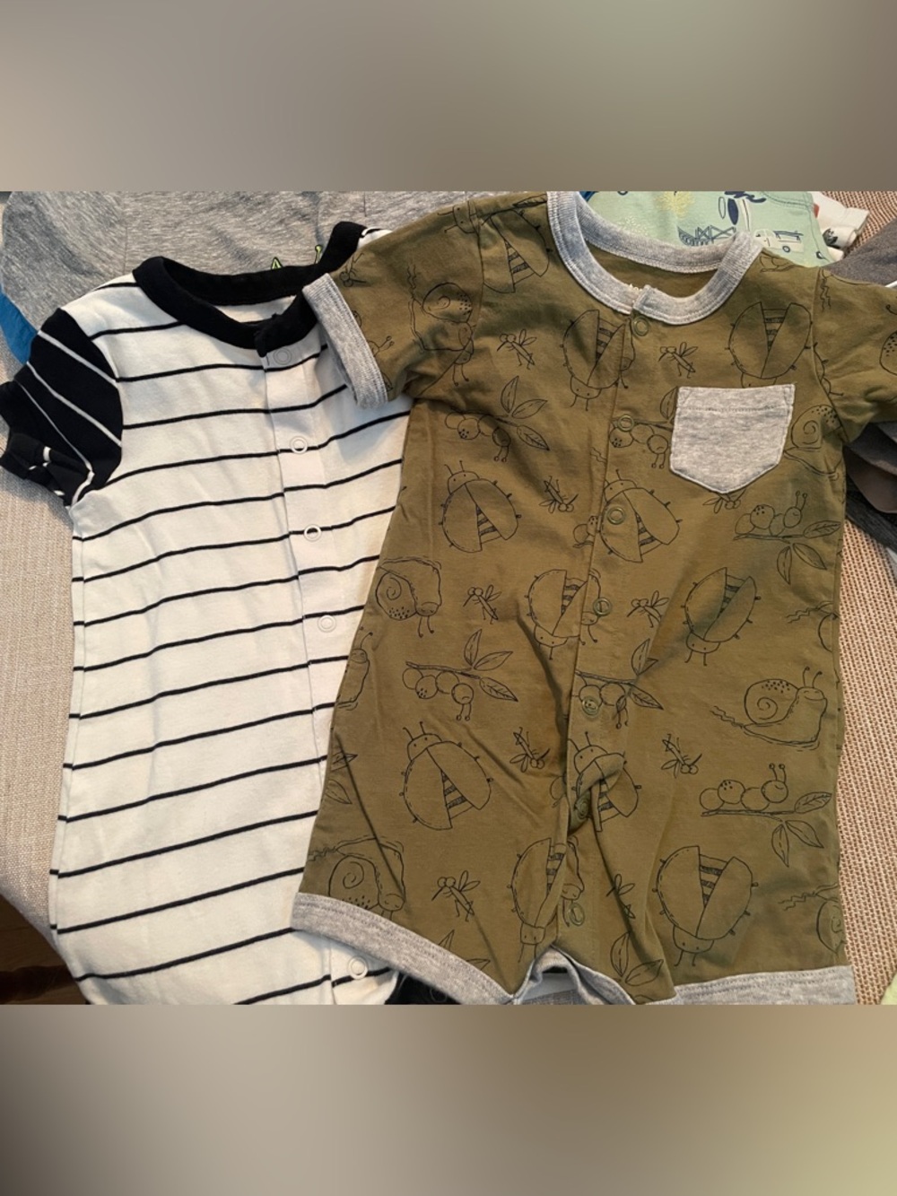 Striped Navy & White and Olive Green Bug Print Baby Rompers